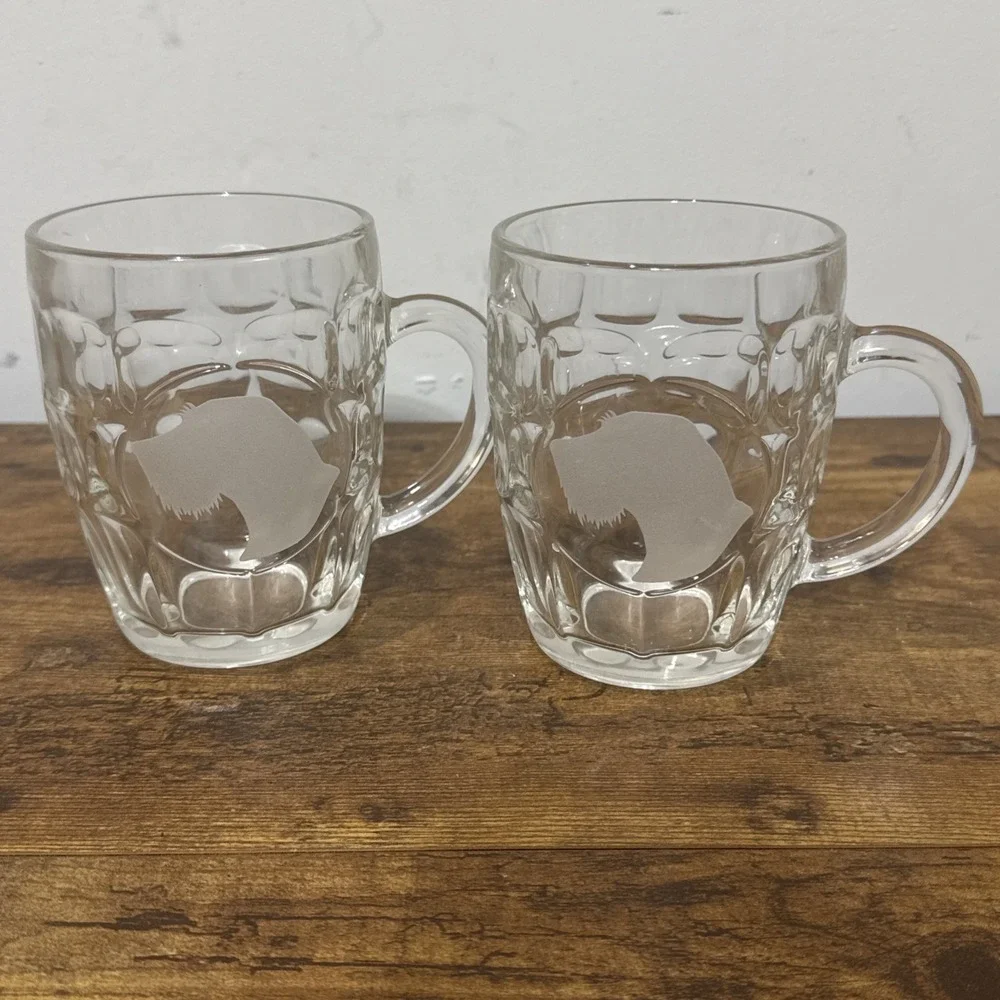 Wire Haired Pointer Dog Left Handed Etched Dimpled Thumbprint Glass Mugs Lot 2